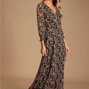 LULUS Meet Me There Black Multi Floral Print Wrap Maxi Dress